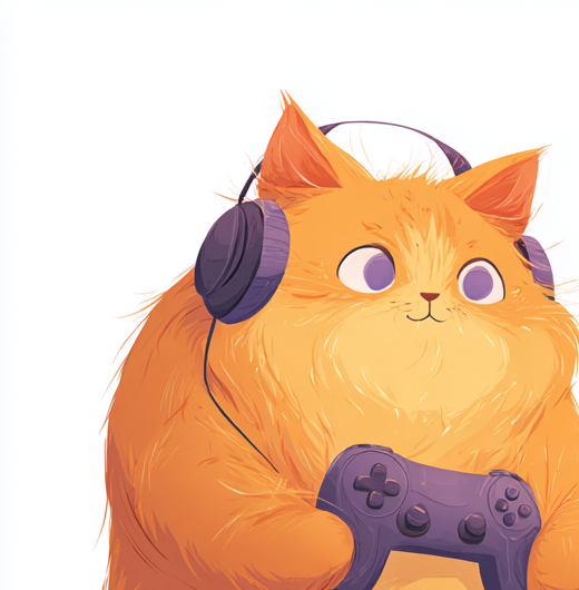 Cozy Cat Gaming mascot — a chubby orange tabby cat wearing headphones and holding a game controller